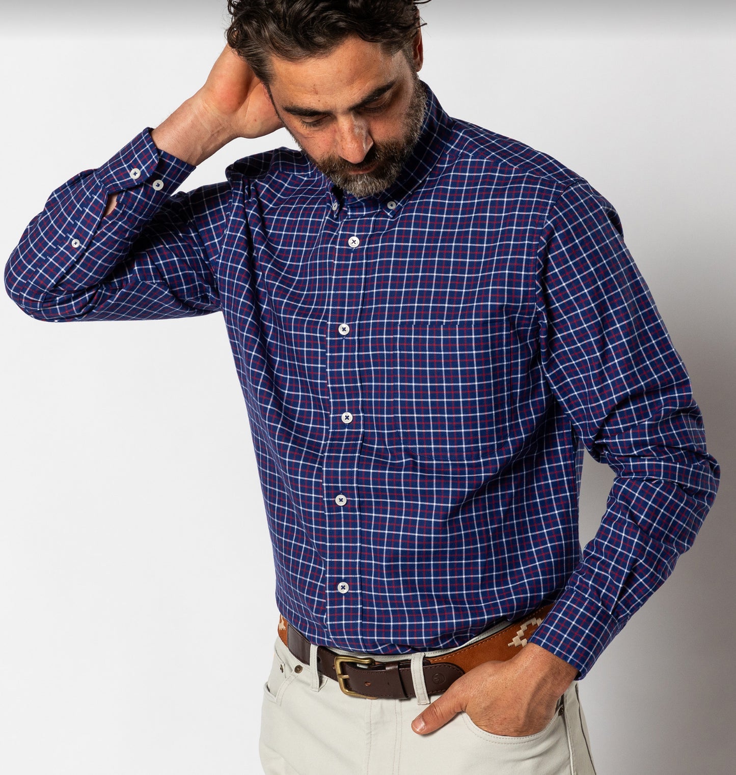 Duck Head - Long Sleeve Cotton Oxford Sport Shirt-Kline Plaid in Beacon Blue