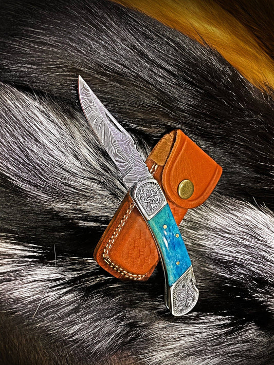Pocket Knife Dyed Blue Bone 6.5'' Damascus Steel Knife Steel