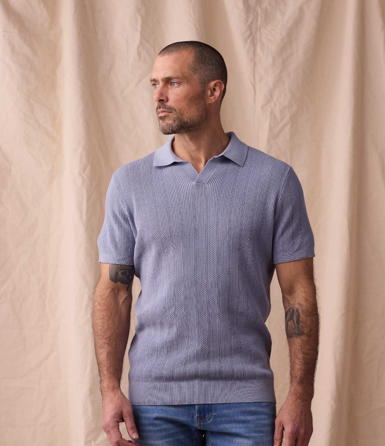 The Normal Brand - Robles Textured Knit Polo in Faded Denim