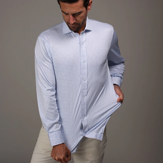 Collars & Co. - Quattro Flex Dress Shirt with Semi-Spread Collar Thin Blue Check