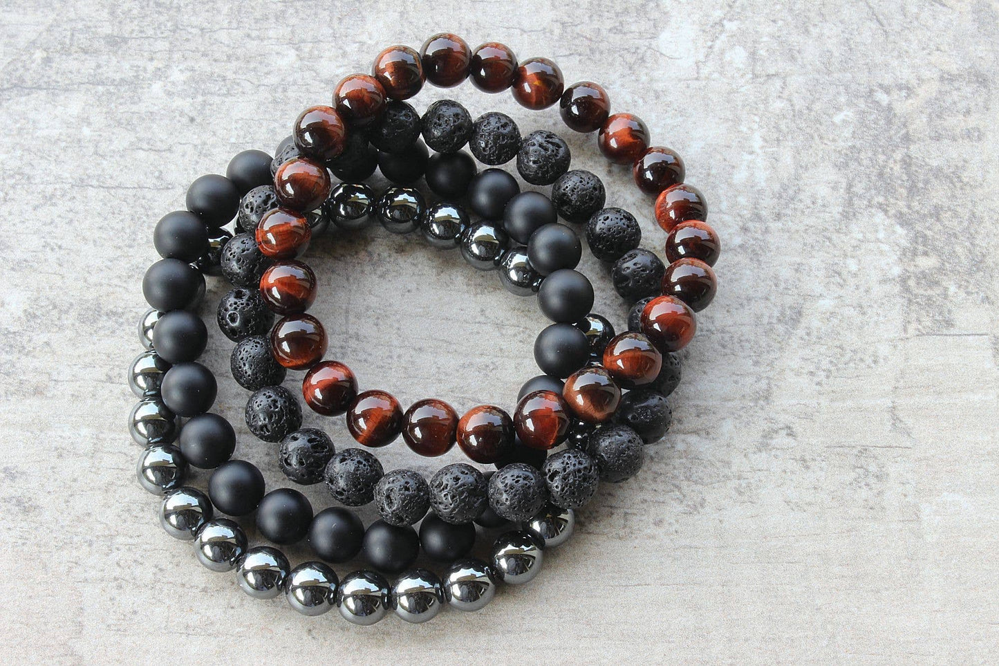 ManAndStone - Men's 3pc Bracelet Set: Tigers Eye, Onyx & Lava Stone