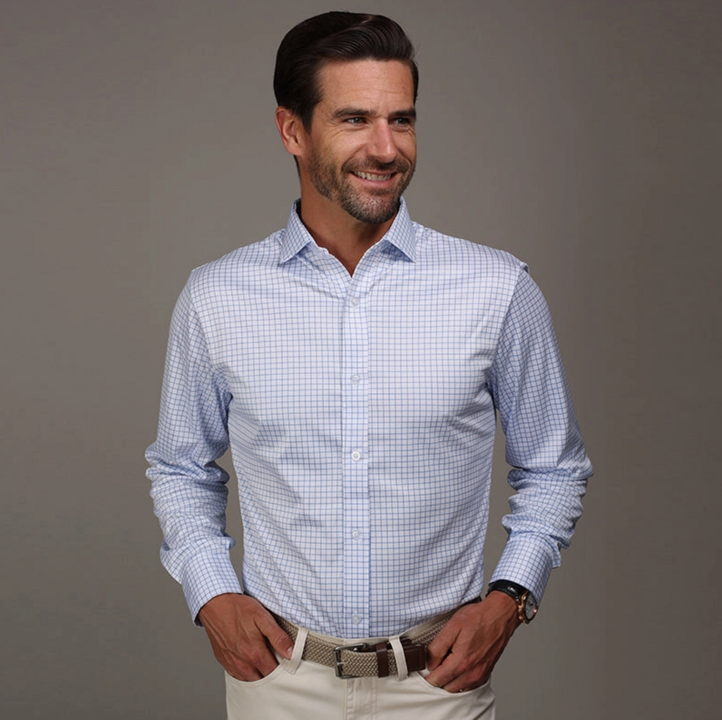 Collars & Co. - Quattro Flex Dress Shirt with Semi-Spread Collar Thin Blue Check