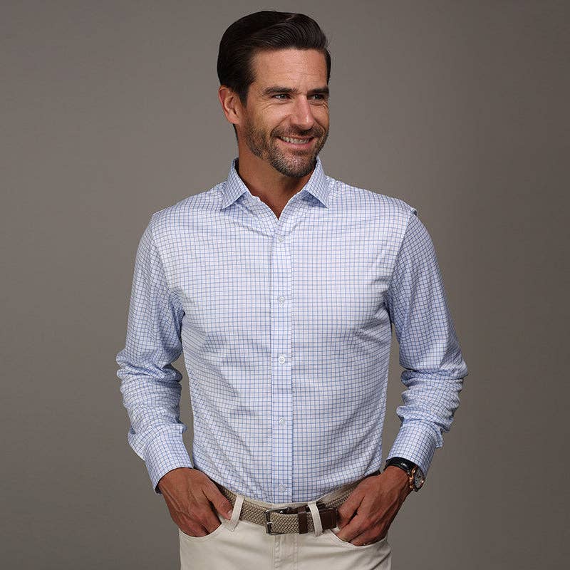Collars & Co. - Quattro Flex Dress Shirt with Semi-Spread Collar Thin Blue Check