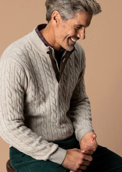 Walcott Merino Cashmere Cable Knit 1/4 Zip Sweater - Stone Heather