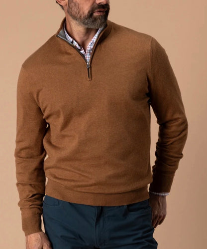 Ridley Cotton Cashmere 1/4 Zip Sweater - Dark Amber Heather