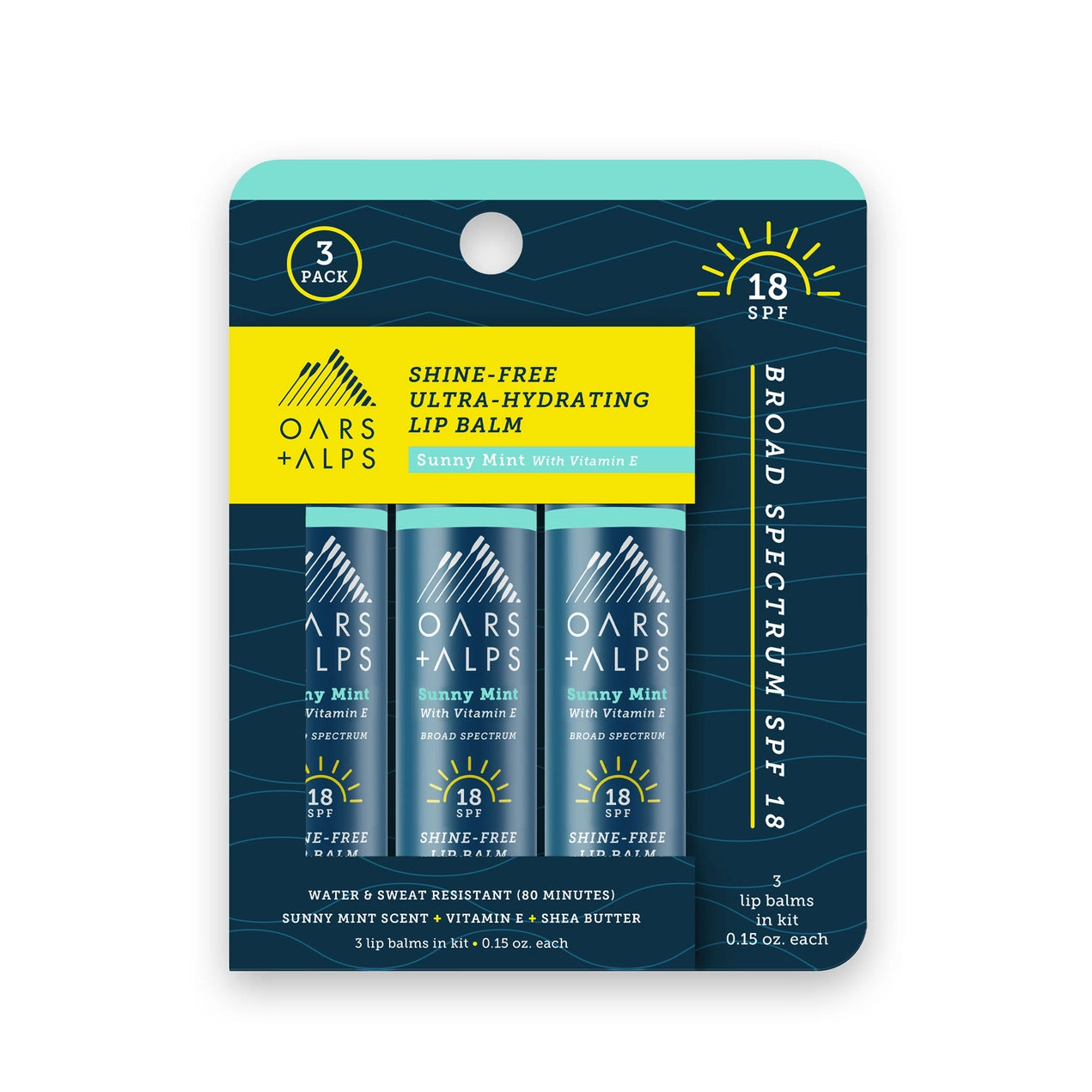 Oars + Alps - Shine-Free Spf 18 Men's Lip Balm, Sunny Mint Scent 3 pack