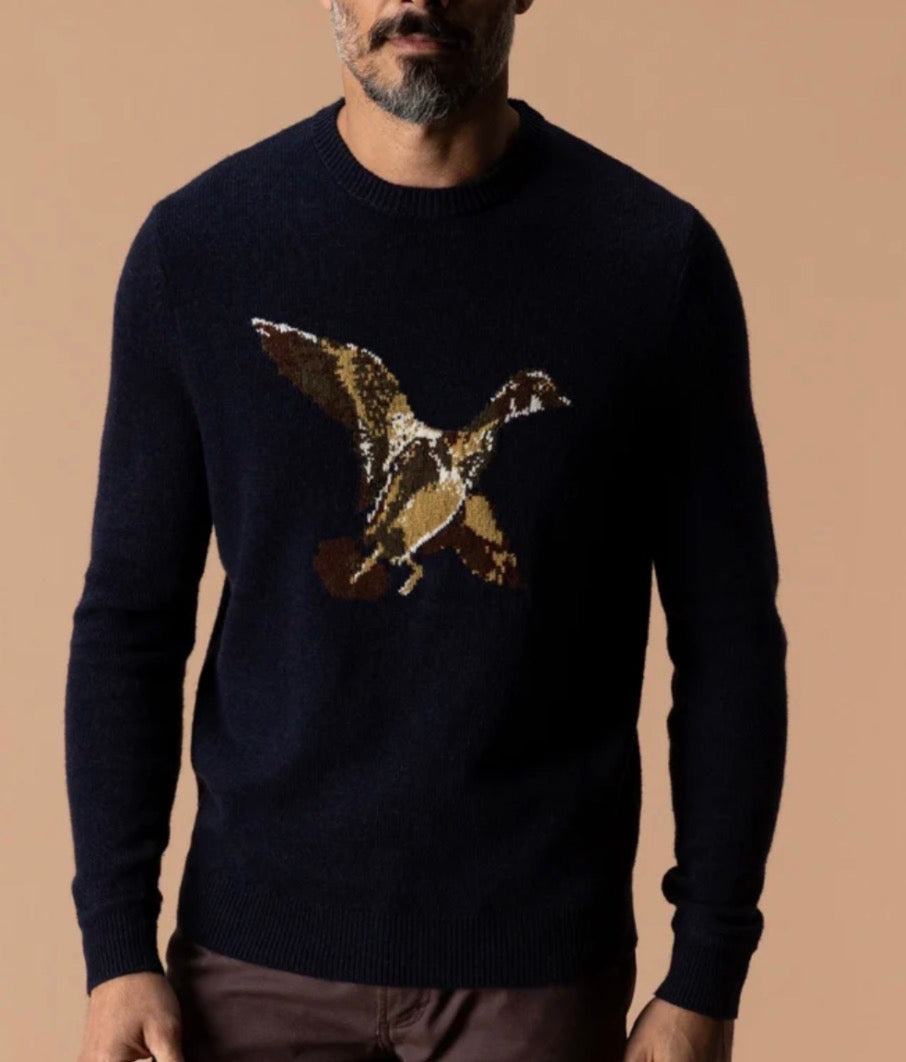 Flying Wood Duck Merino Intarsia Crewneck Sweater