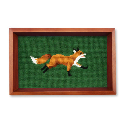 Smathers & Branson Fox Valet Tray in Dark Forest needlepoint with chestnut wood