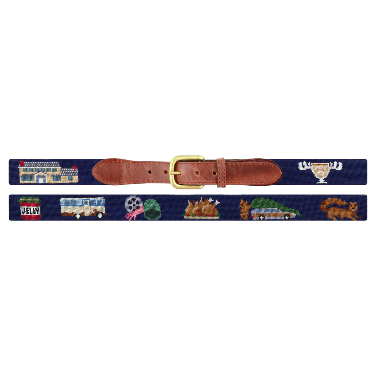 Smathers & Branson Griswold Christmas needlepoint belt in Dark Navy, flat view