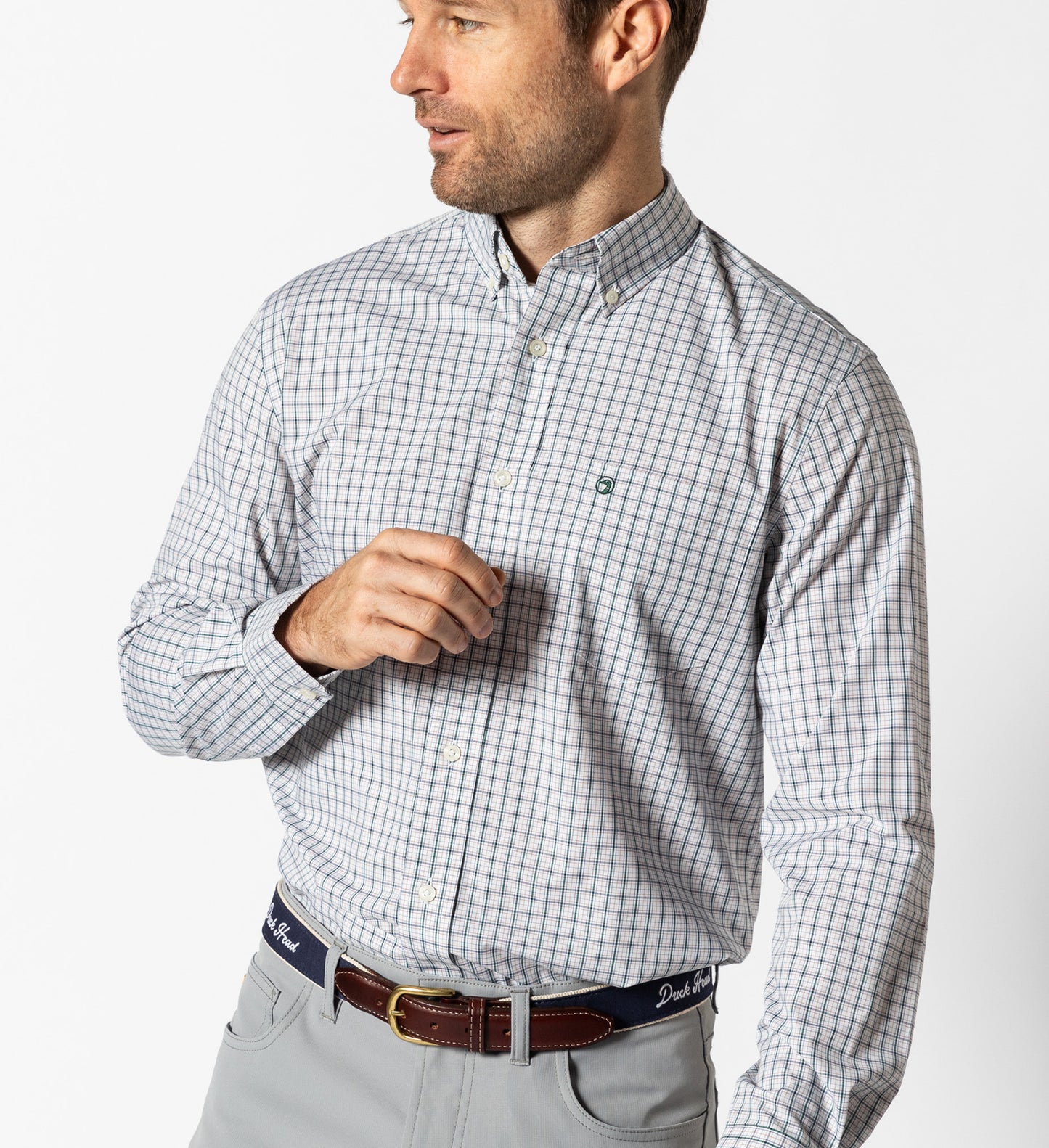 Duck Head - Long Sleeve Performance Poplin Sport Shirt-Edison Plaid in Forest Green