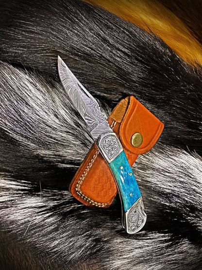 Pocket Knife Dyed Blue Bone 6.5'' Damascus Steel Knife Steel