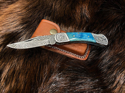 Pocket Knife Dyed Blue Bone 6.5'' Damascus Steel Knife Steel