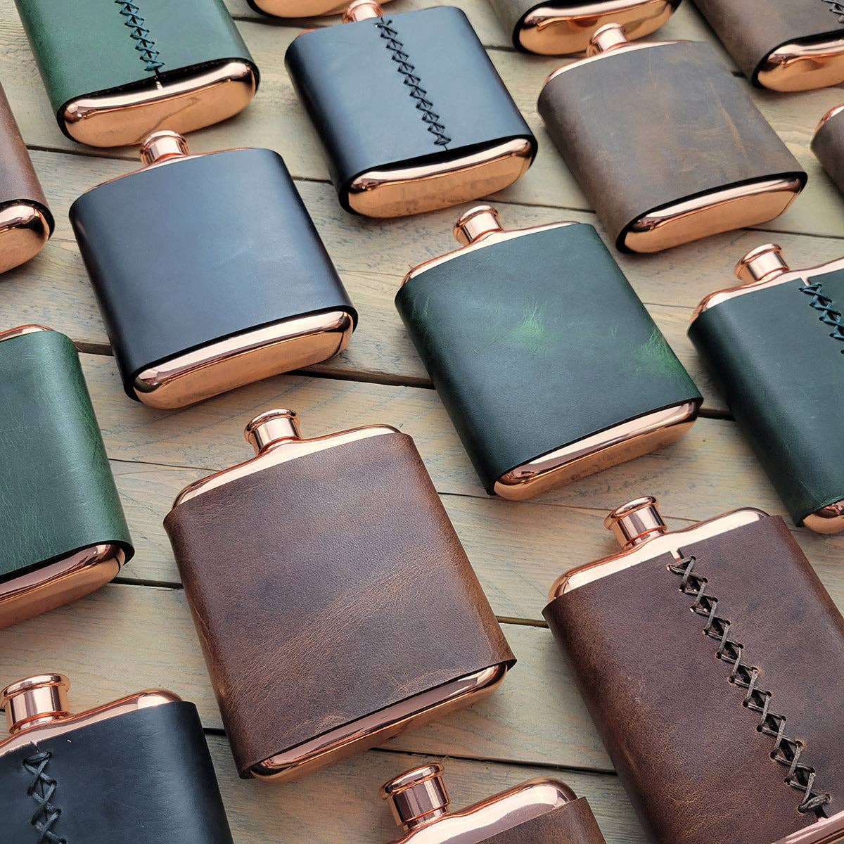 Orcas Island Leather Goods - Leather-Wrapped Flasks: Rustic Wood, Not Stamped