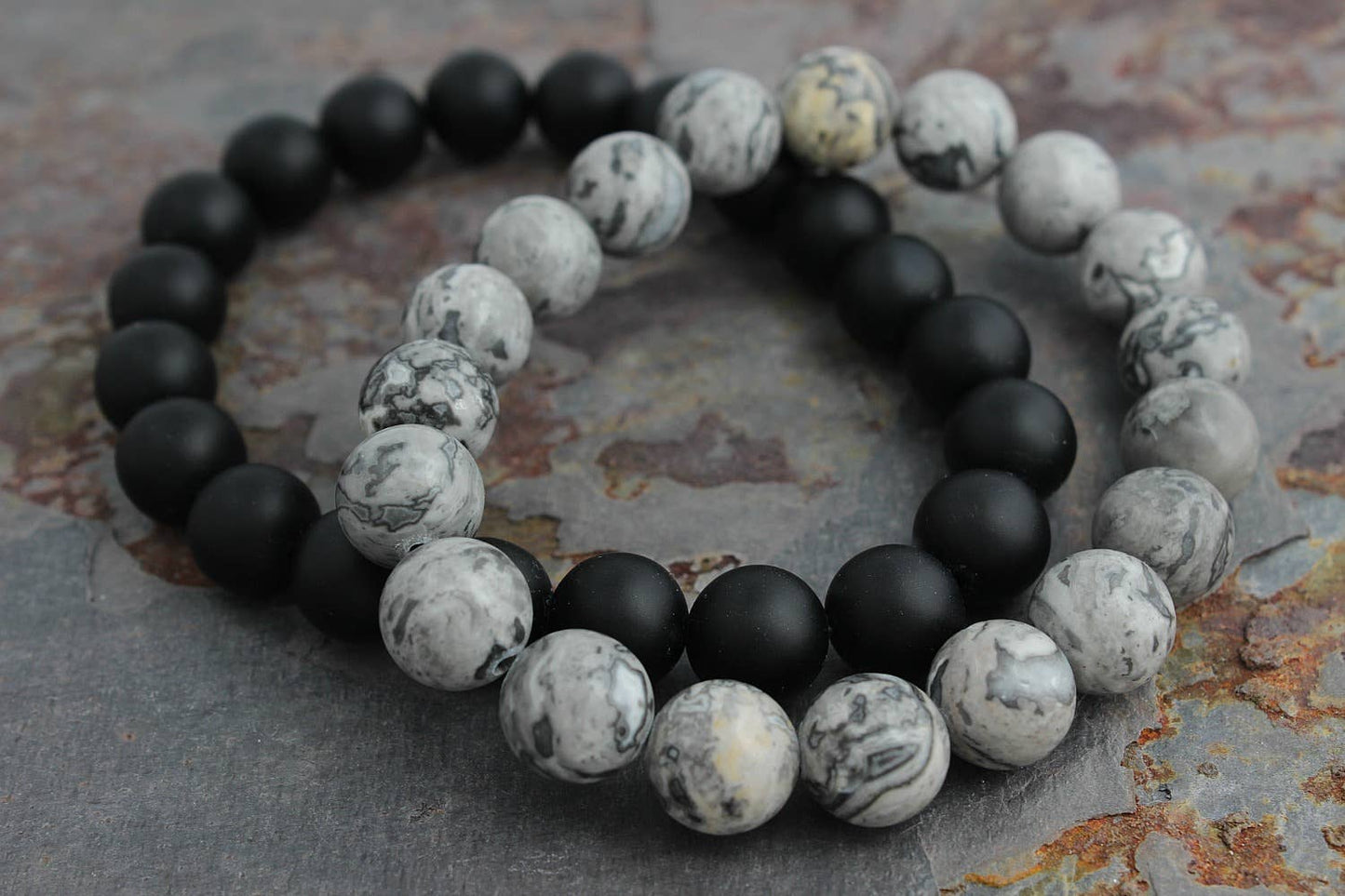 ManAndStone - Men's 3pc Bracelet Set: Gray Jasper, Onyx & Lava Stone