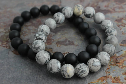 ManAndStone - Men's 3pc Bracelet Set: Gray Jasper, Onyx & Lava Stone