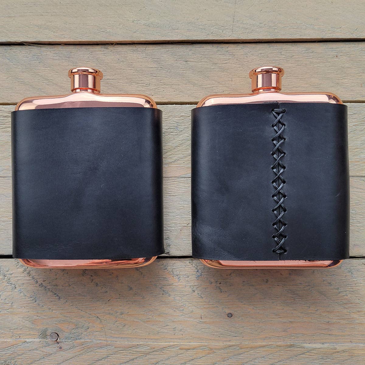 Orcas Island Leather Goods - Leather-Wrapped Flasks: Rustic Wood, Not Stamped