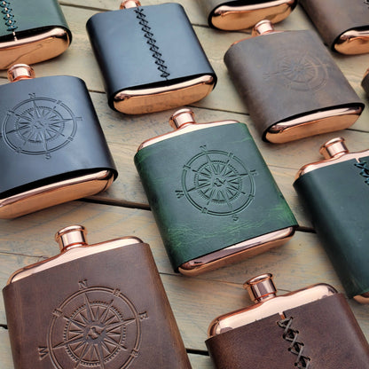 Orcas Island Leather Goods - Leather-Wrapped Flasks: Rustic Wood, Not Stamped