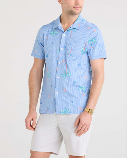 Saxx Droptemp Dry Resort Button Up in Palmtastic-Bel Air Blue