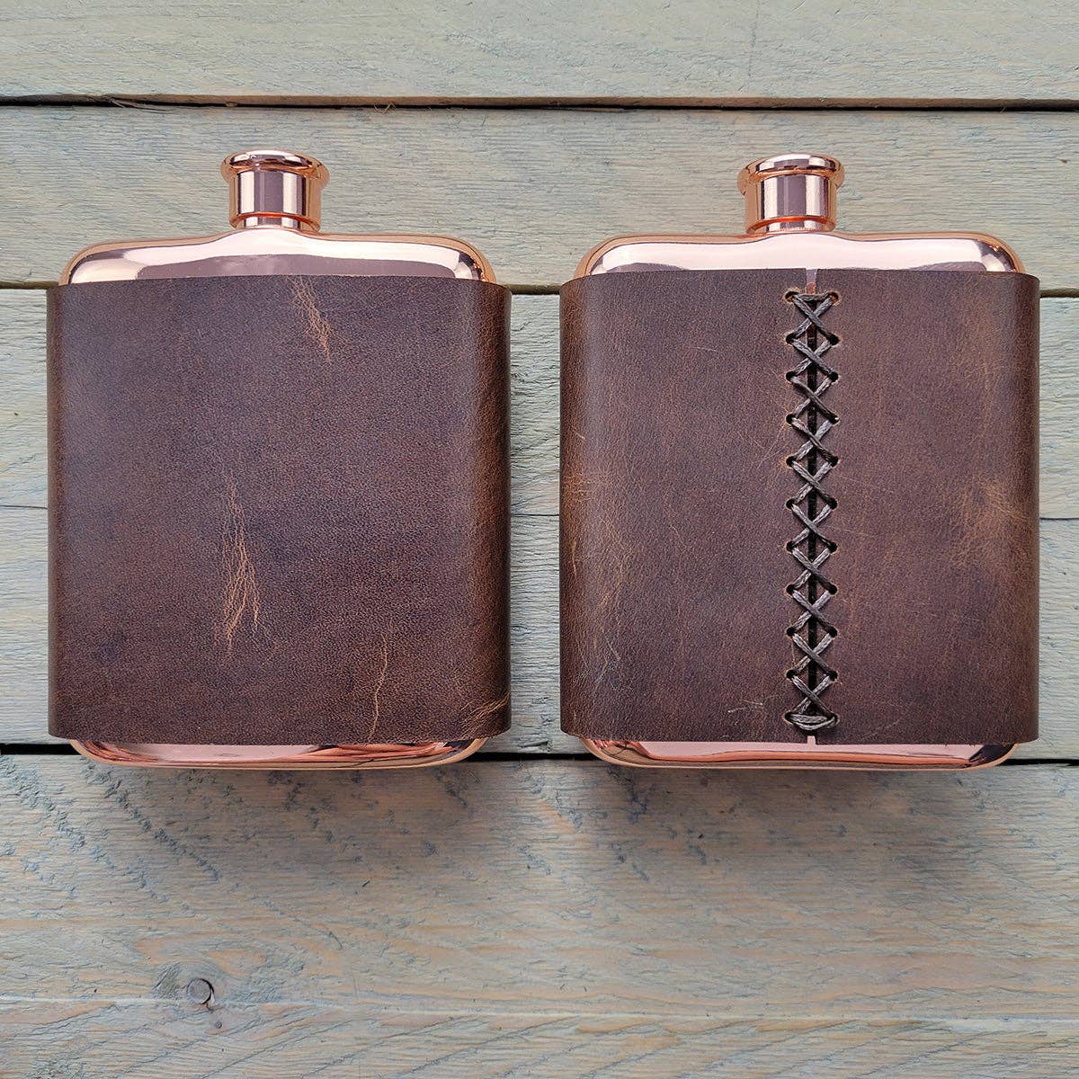 Orcas Island Leather Goods - Leather-Wrapped Flasks: Rustic Wood, Not Stamped