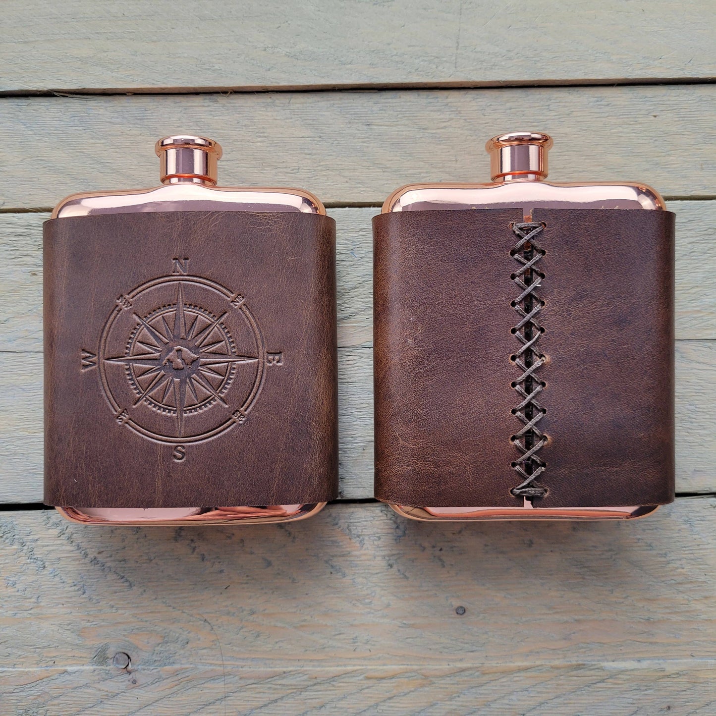 Orcas Island Leather Goods - Leather-Wrapped Flasks: Rustic Wood, Not Stamped