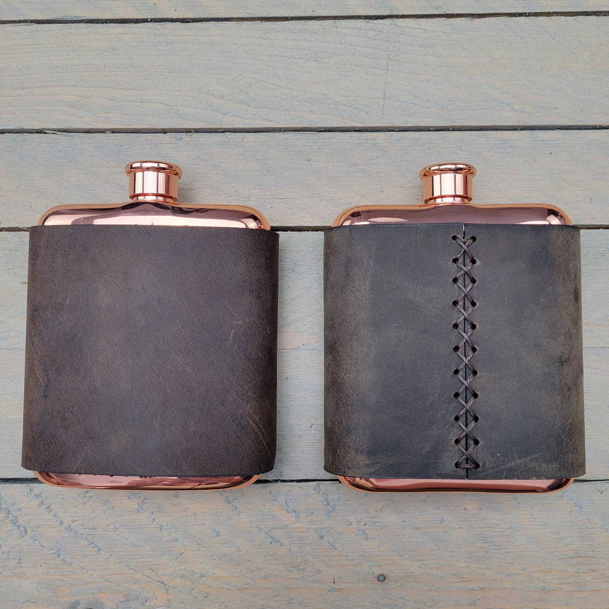 Orcas Island Leather Goods - Leather-Wrapped Flasks: Rustic Wood, Not Stamped