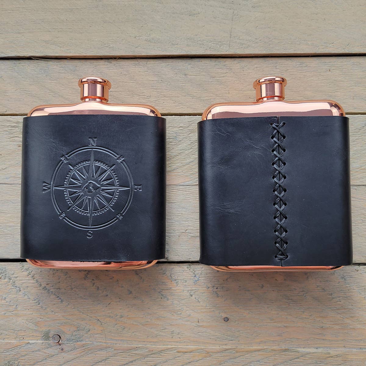 Orcas Island Leather Goods - Leather-Wrapped Flasks: Rustic Wood, Not Stamped