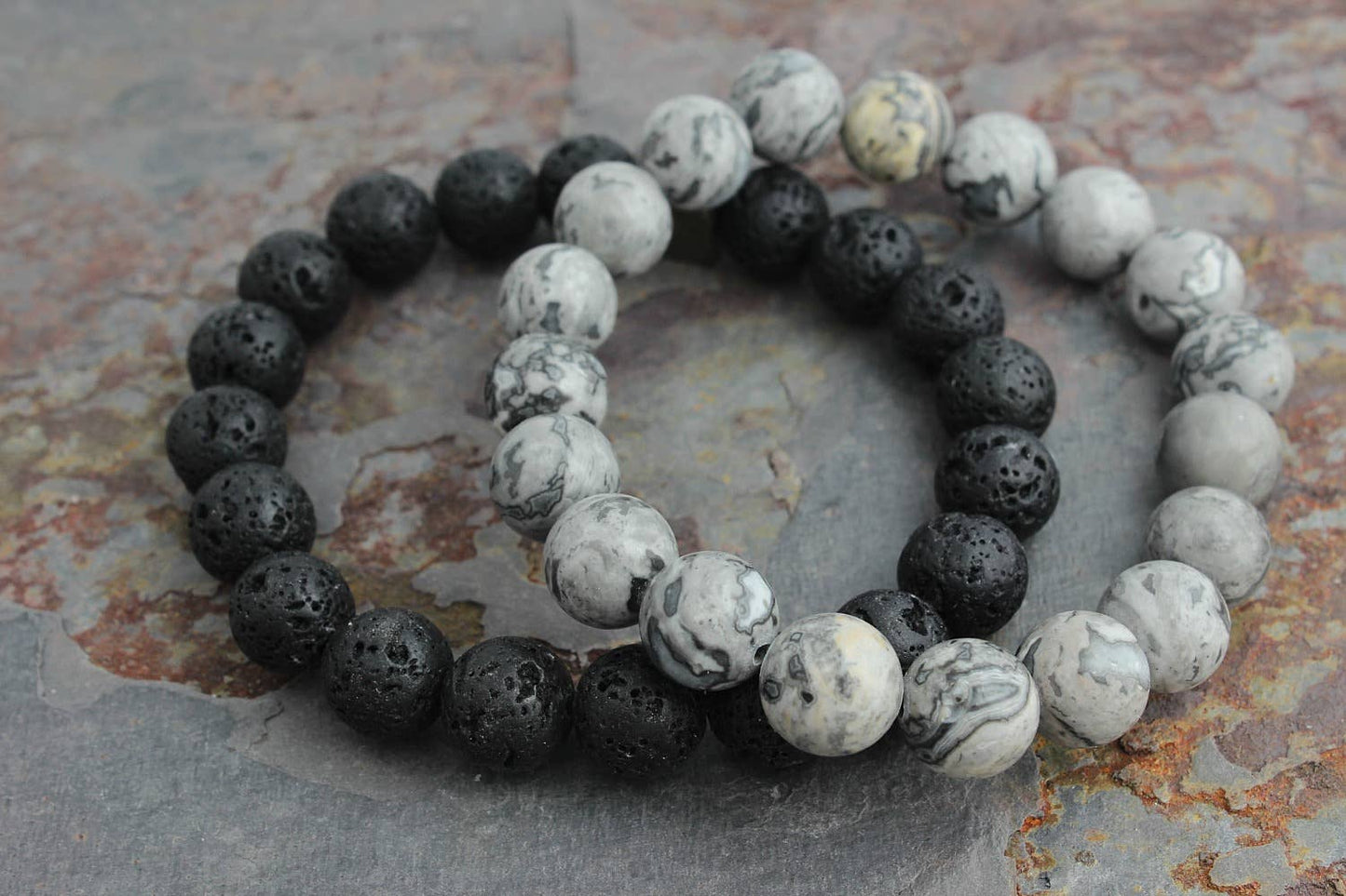 ManAndStone - Men's 3pc Bracelet Set: Gray Jasper, Onyx & Lava Stone