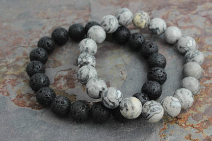 ManAndStone - Men's 3pc Bracelet Set: Gray Jasper, Onyx & Lava Stone