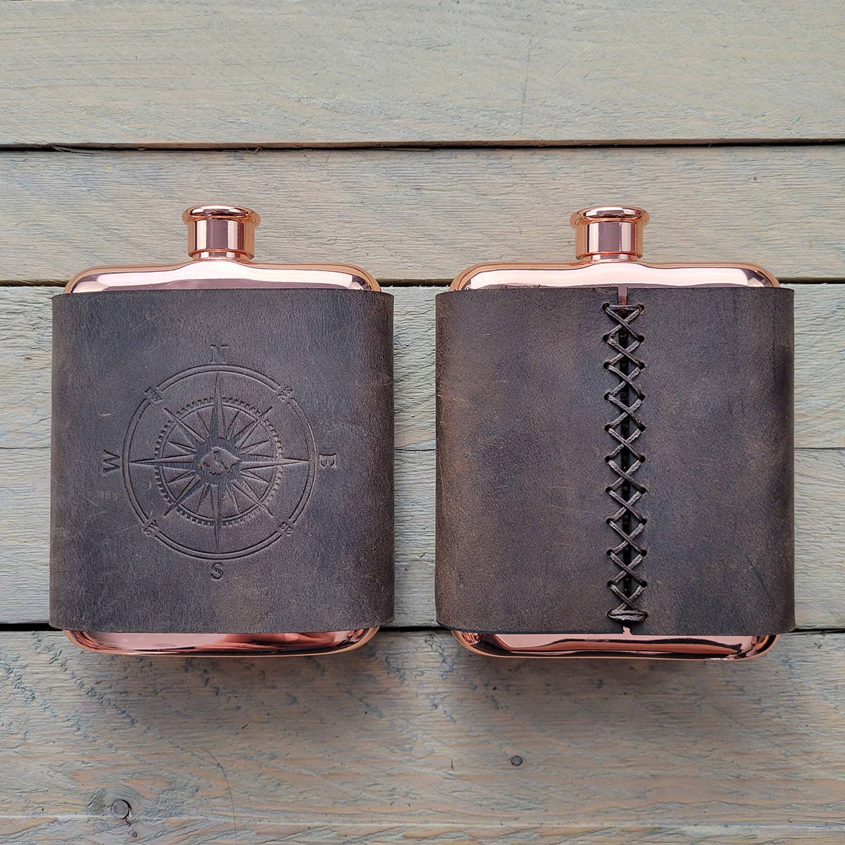 Orcas Island Leather Goods - Leather-Wrapped Flasks: Rustic Wood, Not Stamped