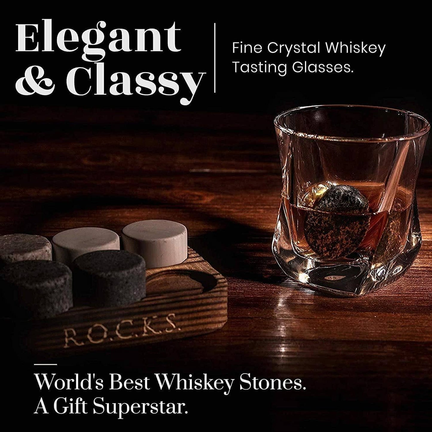 ROCKS Whiskey Chilling Stones - The Connoisseur's Set - Twist Whiskey Glass Edition