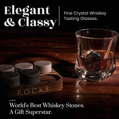 ROCKS Whiskey Chilling Stones - The Connoisseur's Set - Twist Whiskey Glass Edition