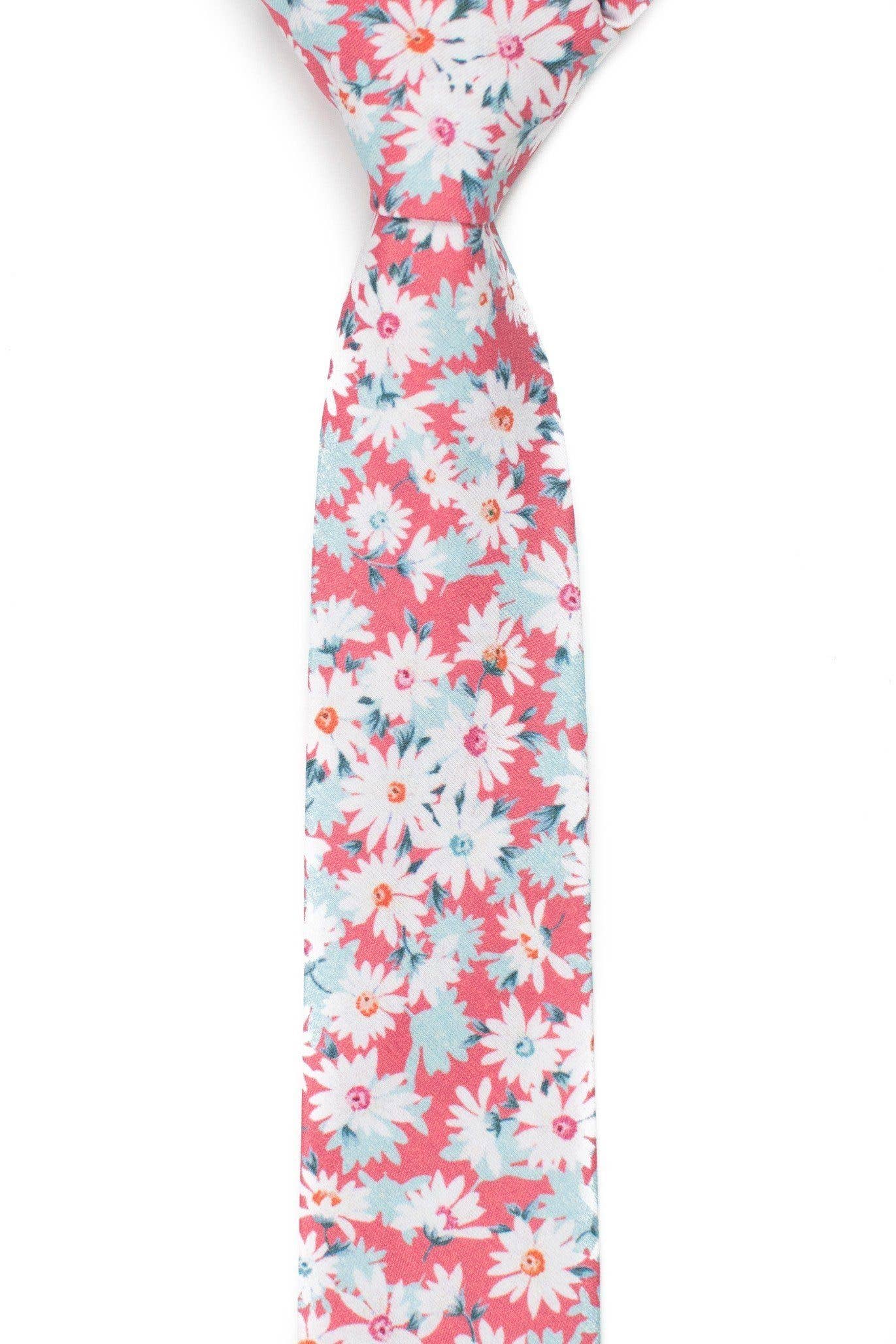 Tough Apparel - Holland - Pink Floral Tie with White Daisies: 3.25" Standard Tie