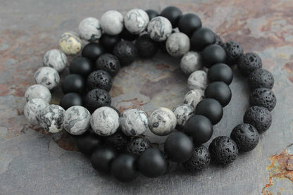 ManAndStone - Men's 3pc Bracelet Set: Gray Jasper, Onyx & Lava Stone
