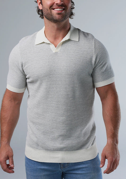 Robles Birdseye Knit Polo in Cream/Grey