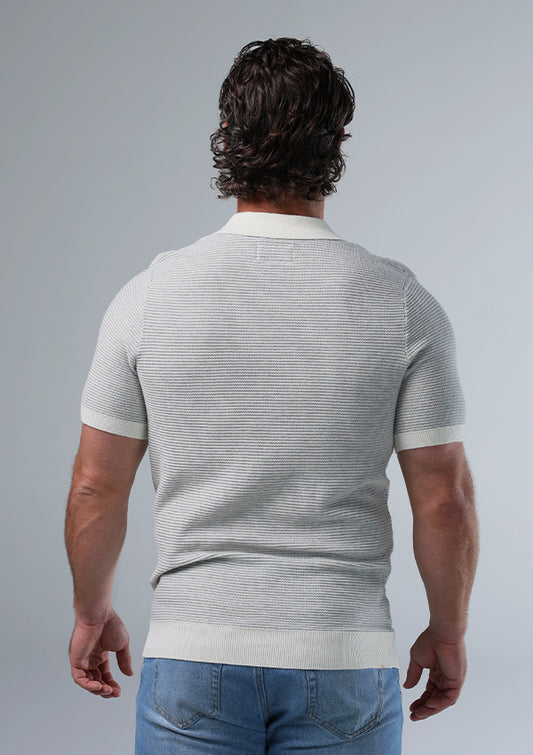 Robles Birdseye Knit Polo in Cream/Grey